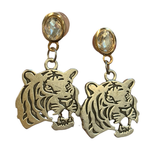 Tiger Head and Crystal Silver Stud Drop Earrings-