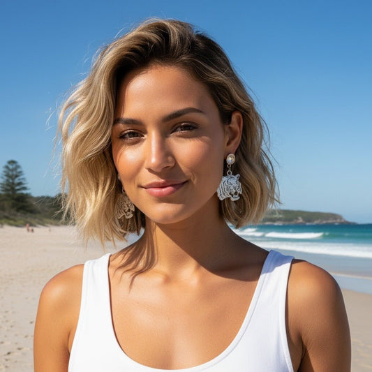 Tiger Head and Crystal Silver Stud Drop Earrings - 