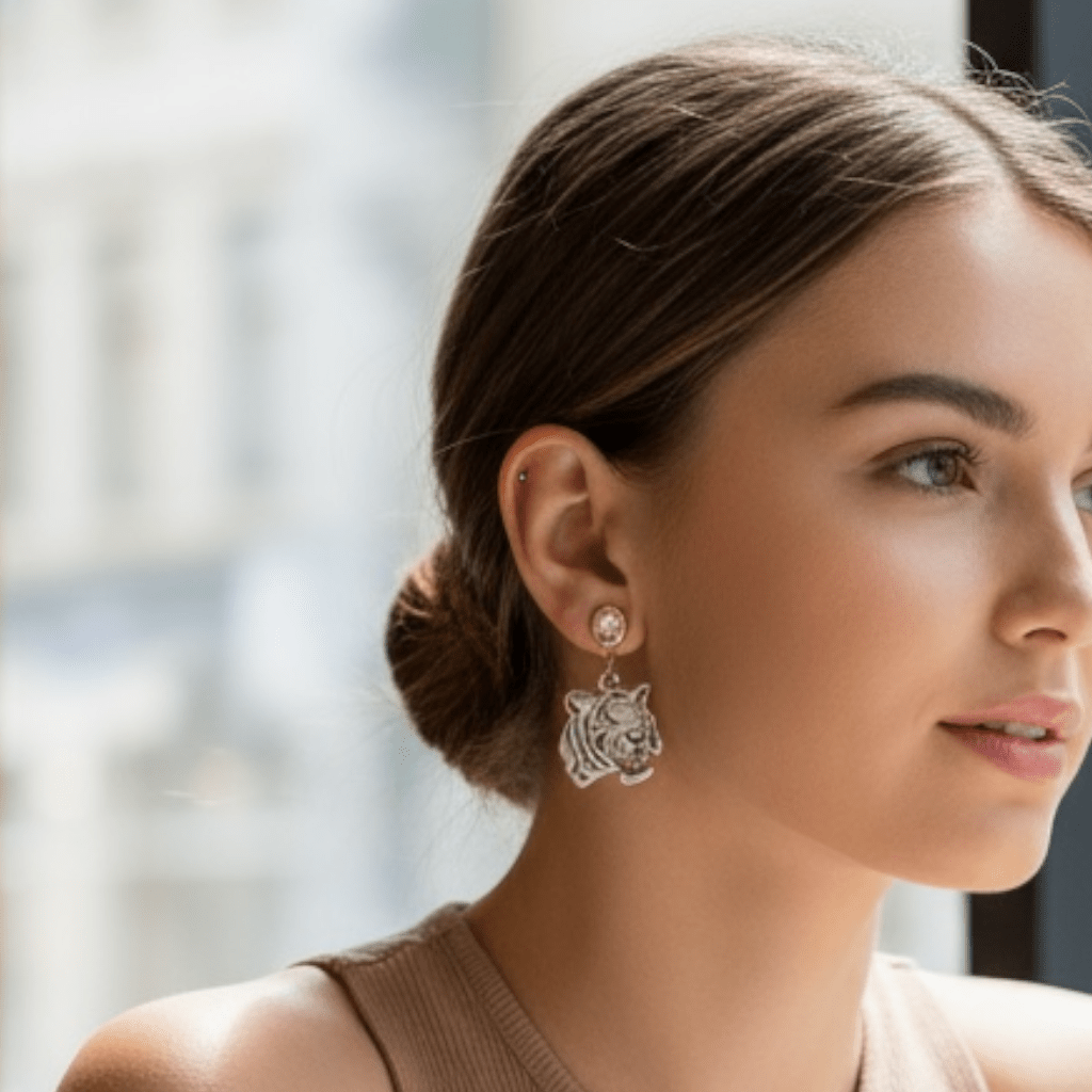 Tiger Head and Crystal Silver Stud Drop Earrings - 