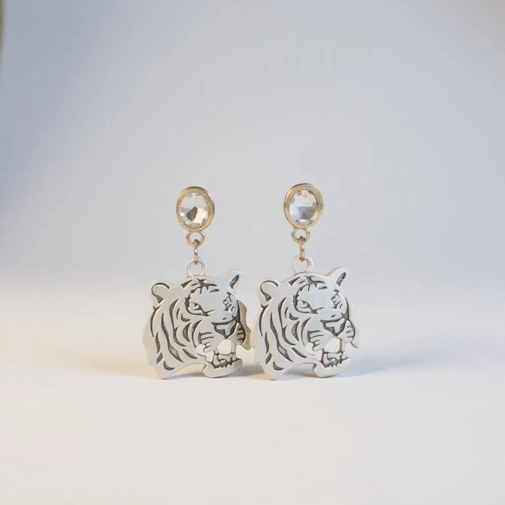 Tiger Head and Crystal Silver Stud Drop Earrings - 