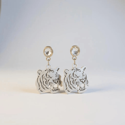Tiger Head and Crystal Silver Stud Drop Earrings - 