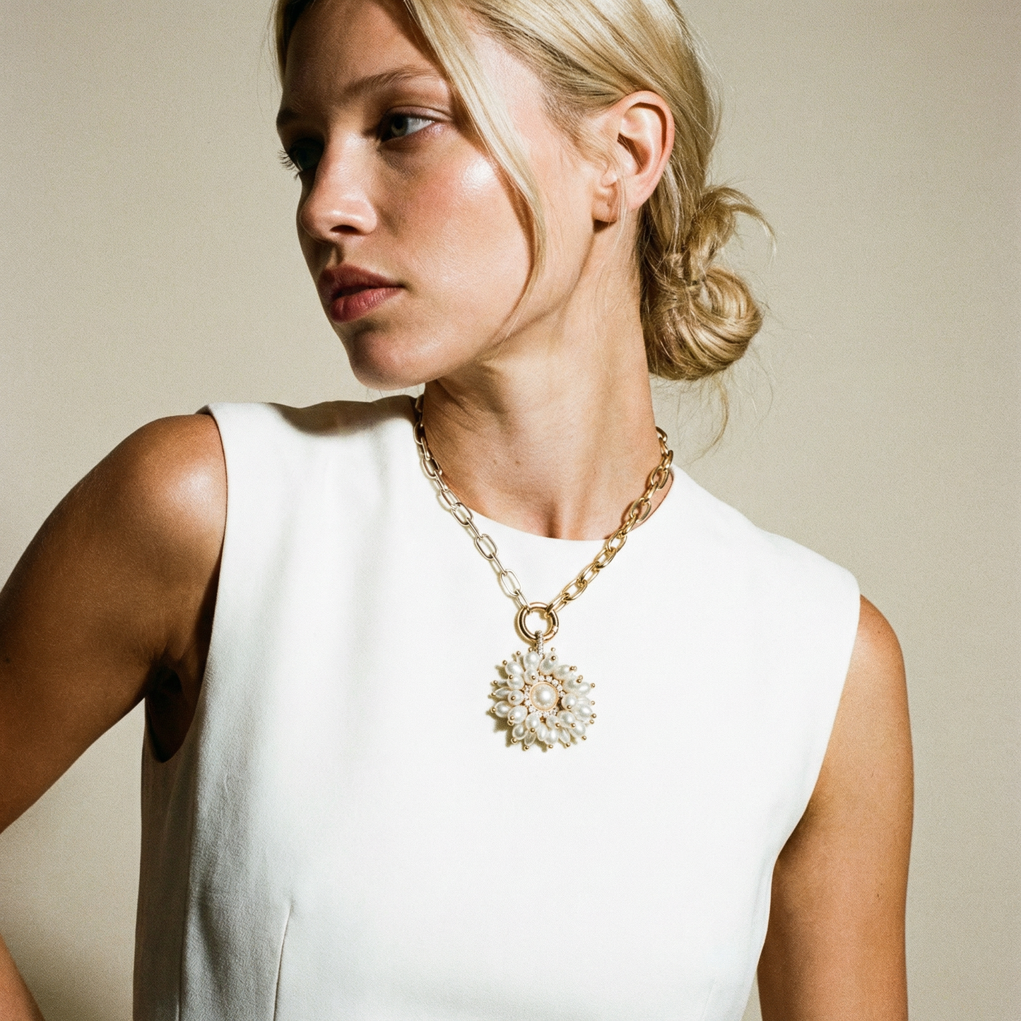 Vintage Bespoke Sterling Silver and Gold Show Pearl Flower Necklace