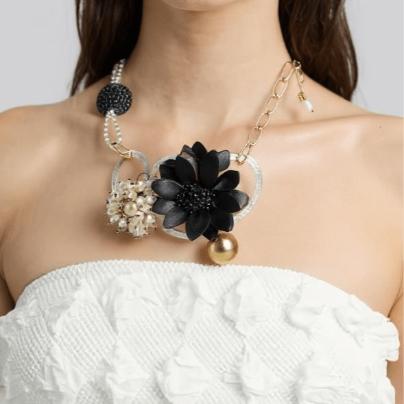 Vintage Bespoke Black Rose and Gold Necklace - Necklace