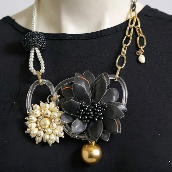 Vintage Bespoke Black Rose and Gold Necklace - Necklace