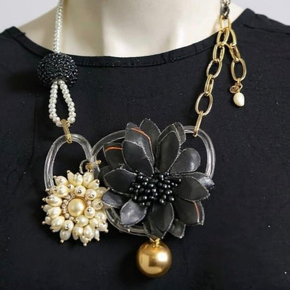Vintage Bespoke Black Rose and Gold Necklace - Necklace