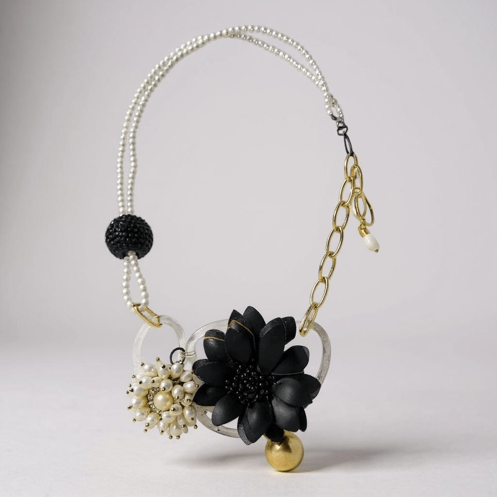Vintage Bespoke Black Rose and Gold Necklace - Necklace