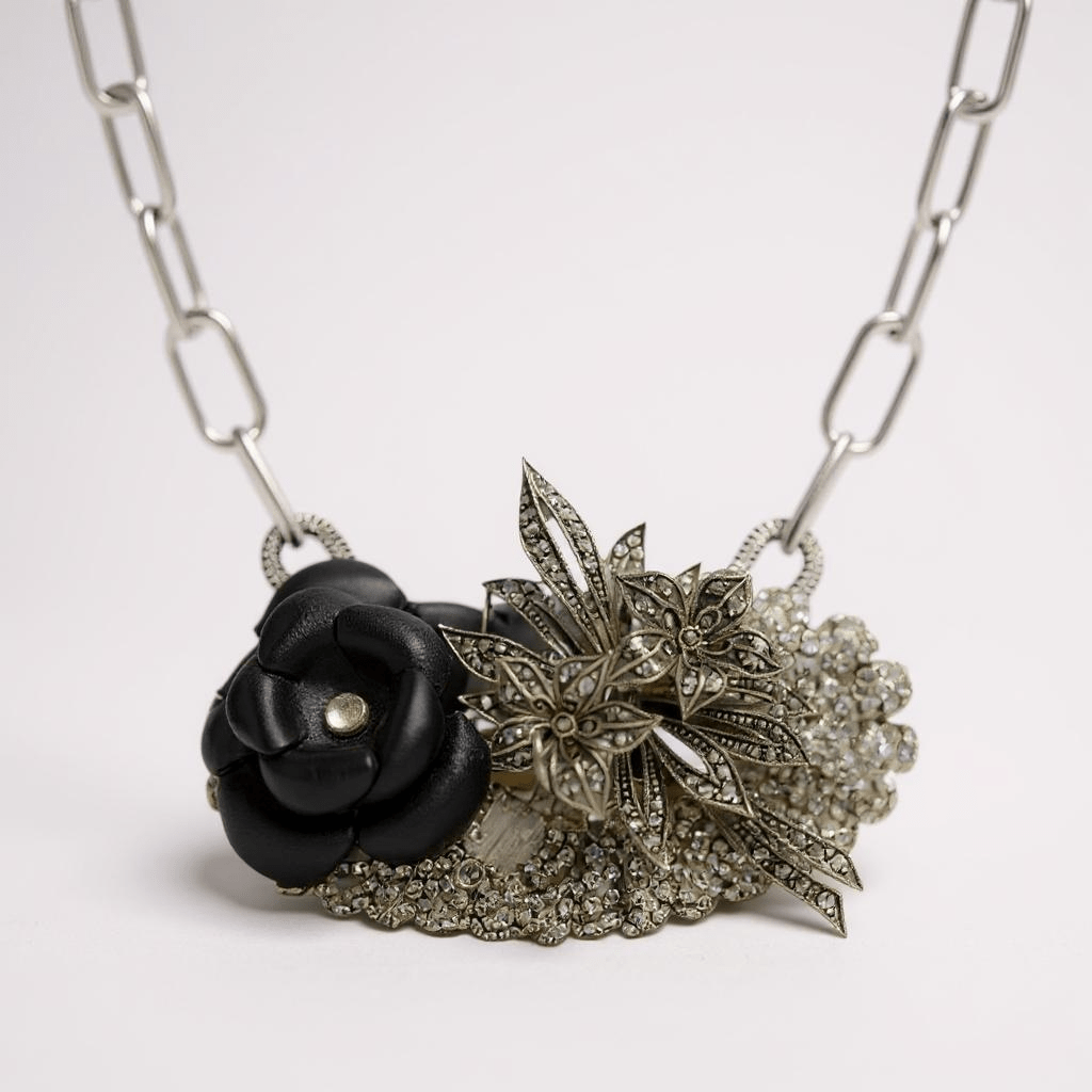 Vintage Bespoke Black Rose and Marcasite Brooch - Brooch