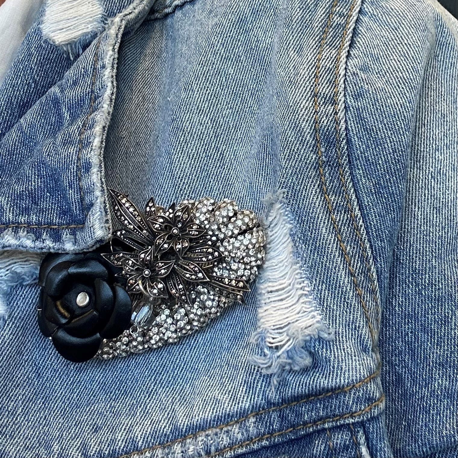 Vintage Bespoke Black Rose and Marcasite Brooch - Brooch