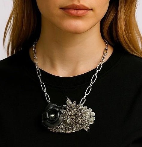 Vintage Bespoke Black Rose and Marcasite Brooch - Brooch