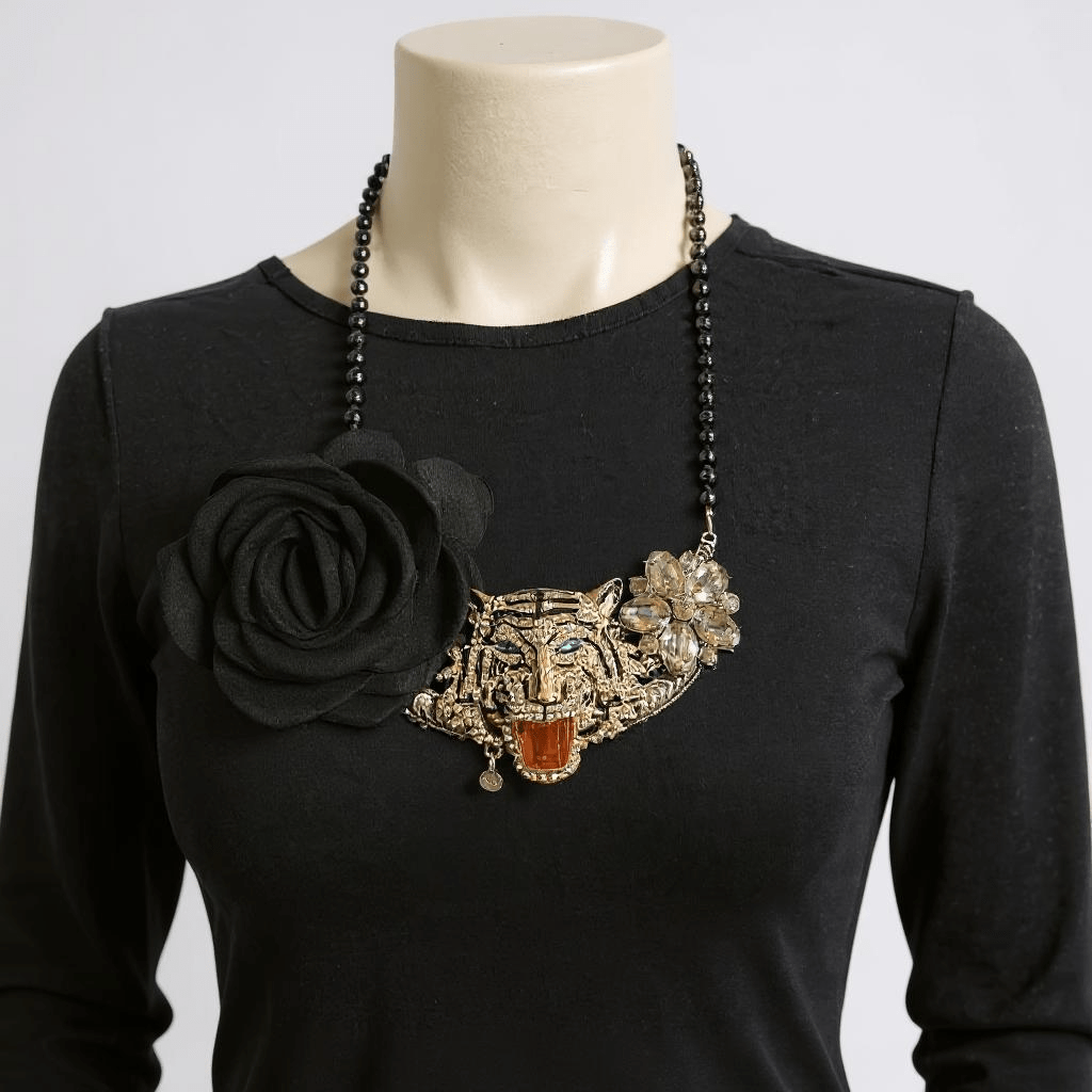 Vintage Bespoke Black Rose and Tiger Statement Necklace - Necklace