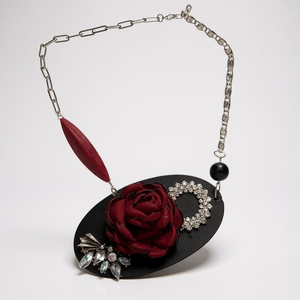 Vintage Bespoke Leather Black and Ruby Statement Necklace - 
