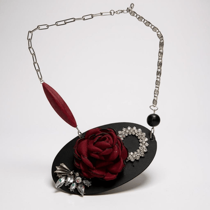 Vintage Bespoke Leather Black and Ruby Statement Necklace - 