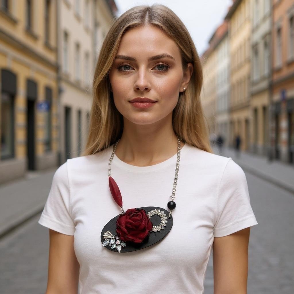 Vintage Bespoke Leather Black and Ruby Statement Necklace - 