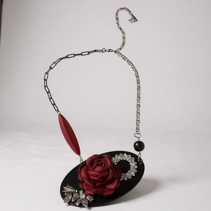 Vintage Bespoke Leather Black and Ruby Statement Necklace - 