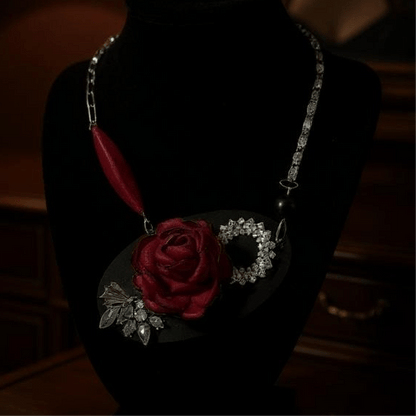 Vintage Bespoke Leather Black and Ruby Statement Necklace - 