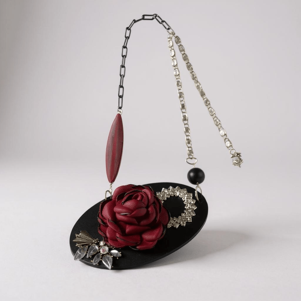 Vintage Bespoke Leather Black and Ruby Statement Necklace - 