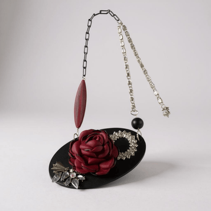 Vintage Bespoke Leather Black and Ruby Statement Necklace - 
