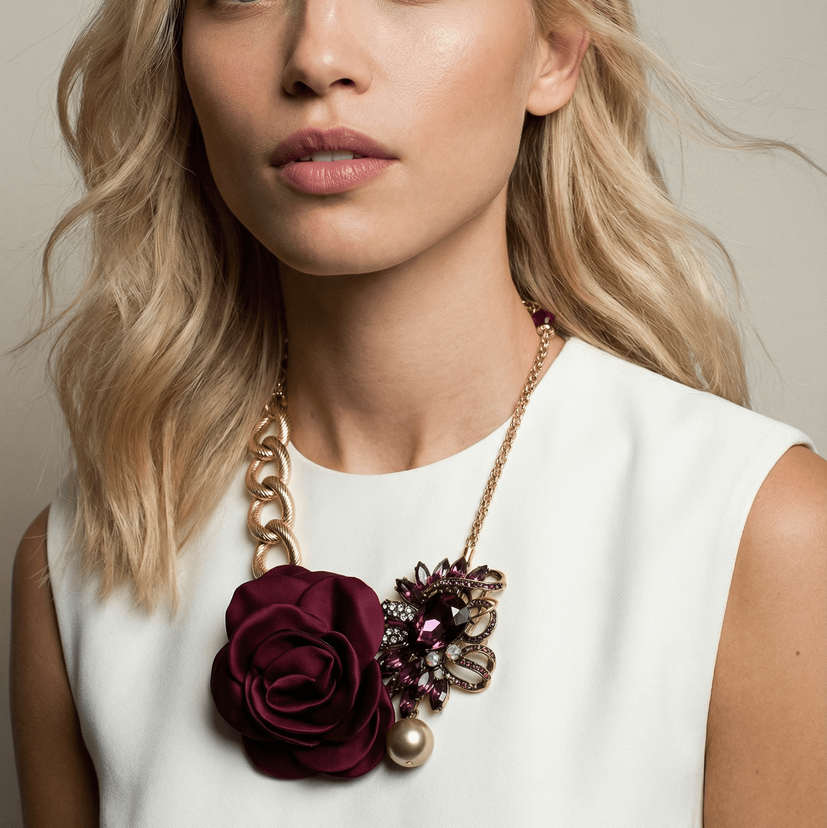 VINTAGE BESPOKE ROSE AND GOLD STATEMENT NECKLACE - 