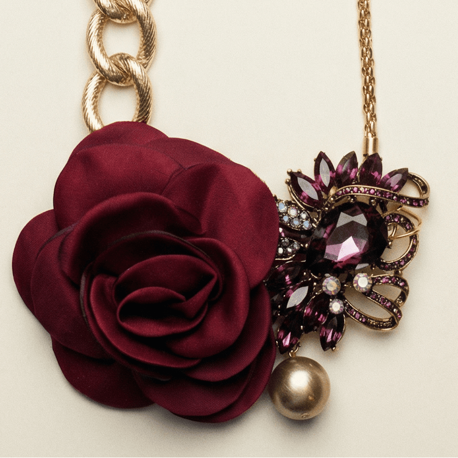 VINTAGE BESPOKE ROSE AND GOLD STATEMENT NECKLACE - 