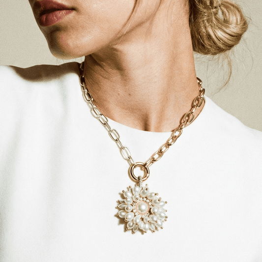 Vintage Bespoke Sterling Silver and Gold Show Pearl Flower Necklace - Necklace