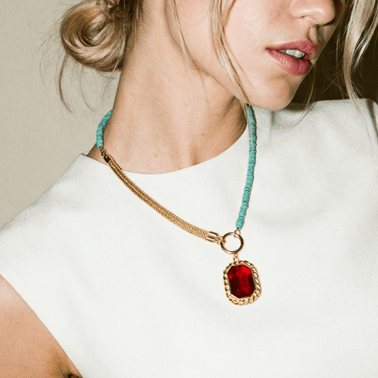 Vintage Bespoke Turquoise Gold and Hot Pink Necklace - Necklace