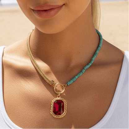 Vintage Bespoke Turquoise Gold and Hot Pink Necklace - Necklace
