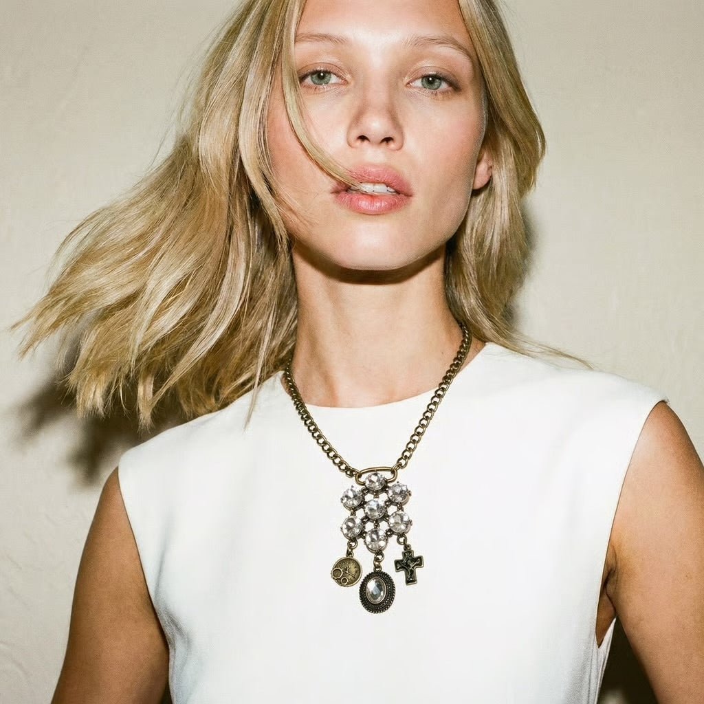 Vintage Brass and Sparkles Statement Necklace - Necklace