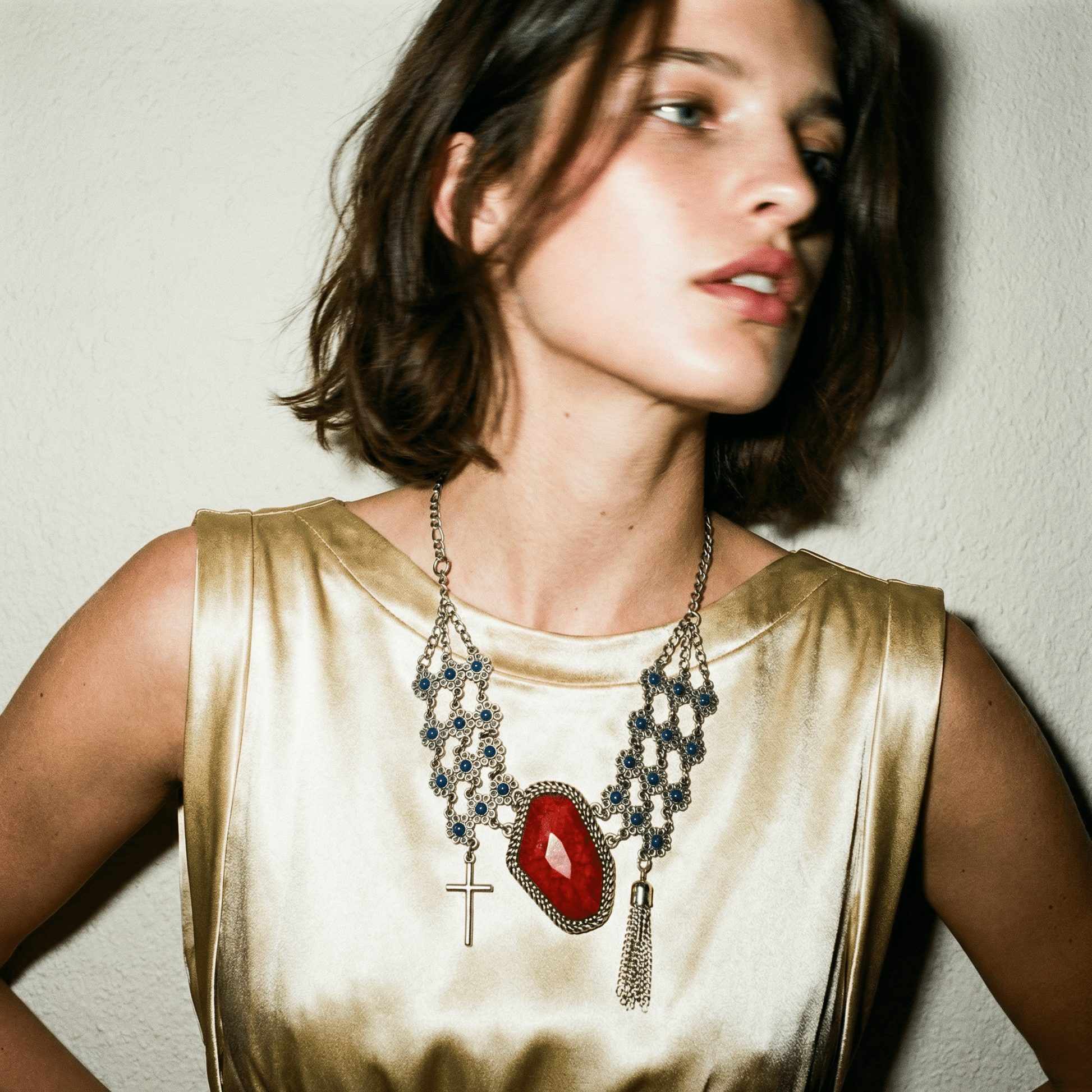 Vintage Daisy Chain Silver and Red Statement Necklace - Necklace