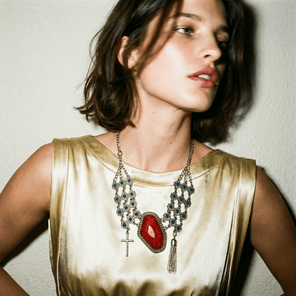 Vintage Daisy Chain Silver and Red Statement Necklace - Necklace