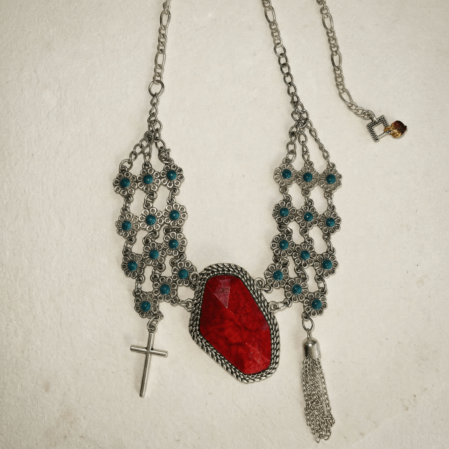 Vintage Daisy Chain Silver and Red Statement Necklace - Necklace