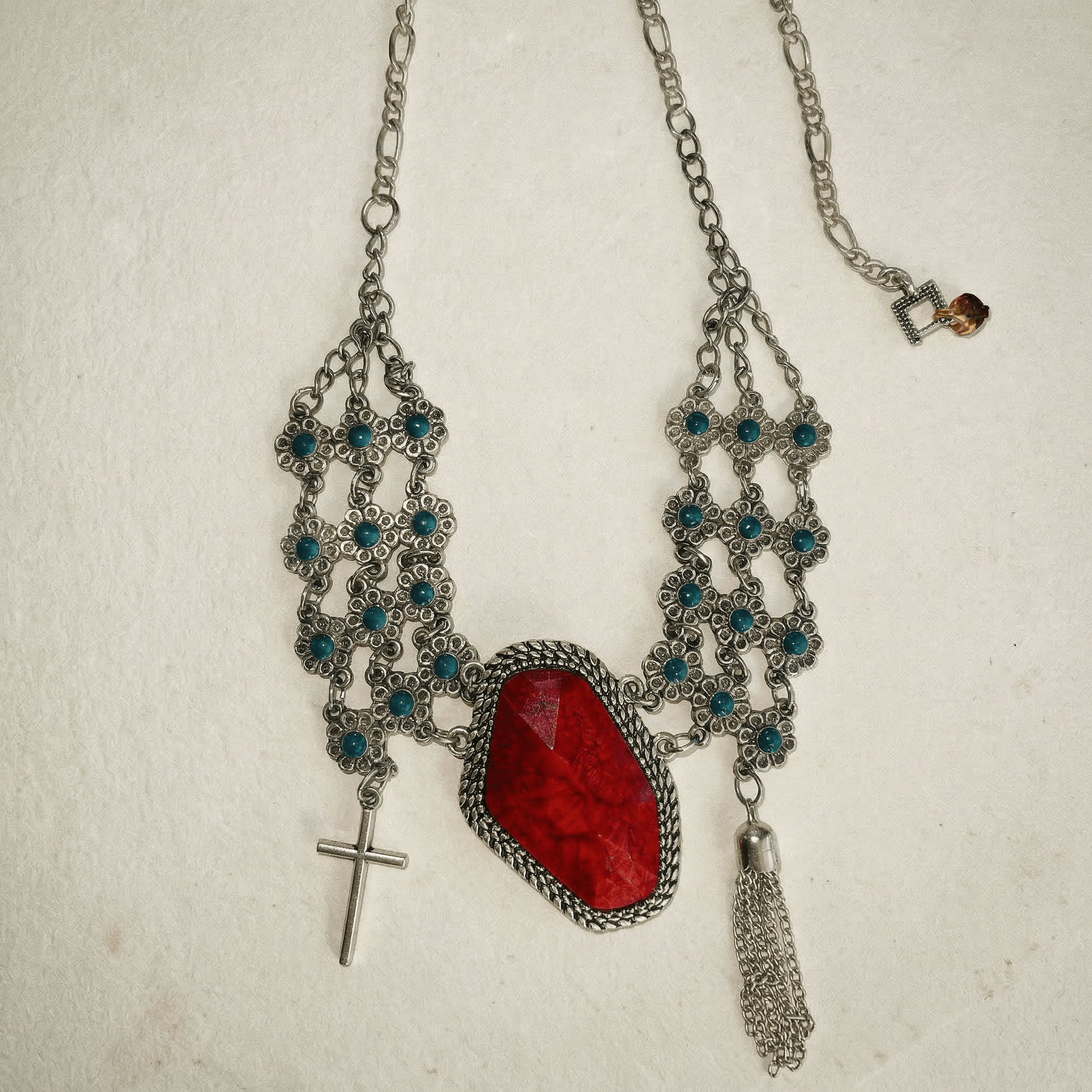 Vintage Daisy Chain Silver and Red Statement Necklace - Necklace