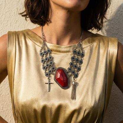 Vintage Daisy Chain Silver and Red Statement Necklace - Necklace