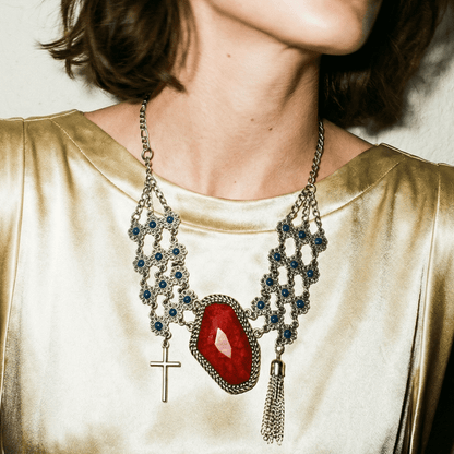 Vintage Daisy Chain Silver and Red Statement Necklace - Necklace