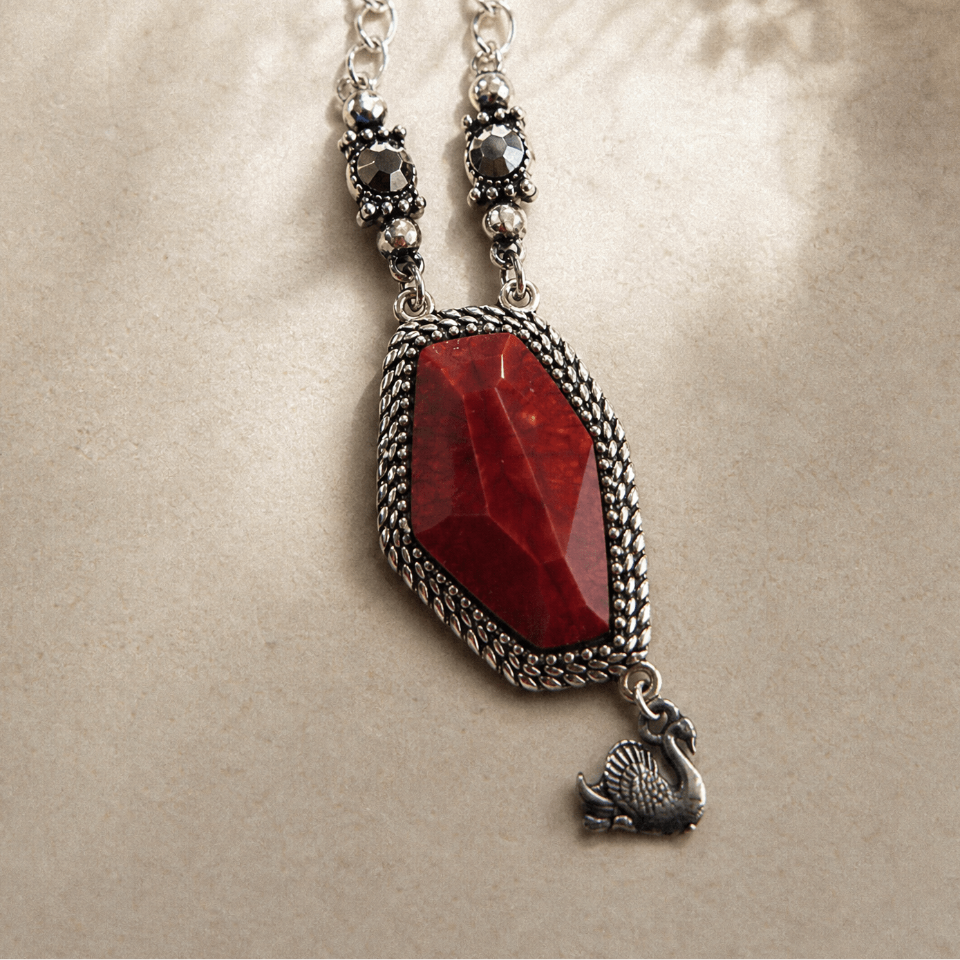 Vintage Sterling Silver and Red Resin Necklace - Necklace