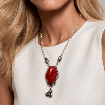 Vintage Sterling Silver and Red Resin Necklace - Necklace