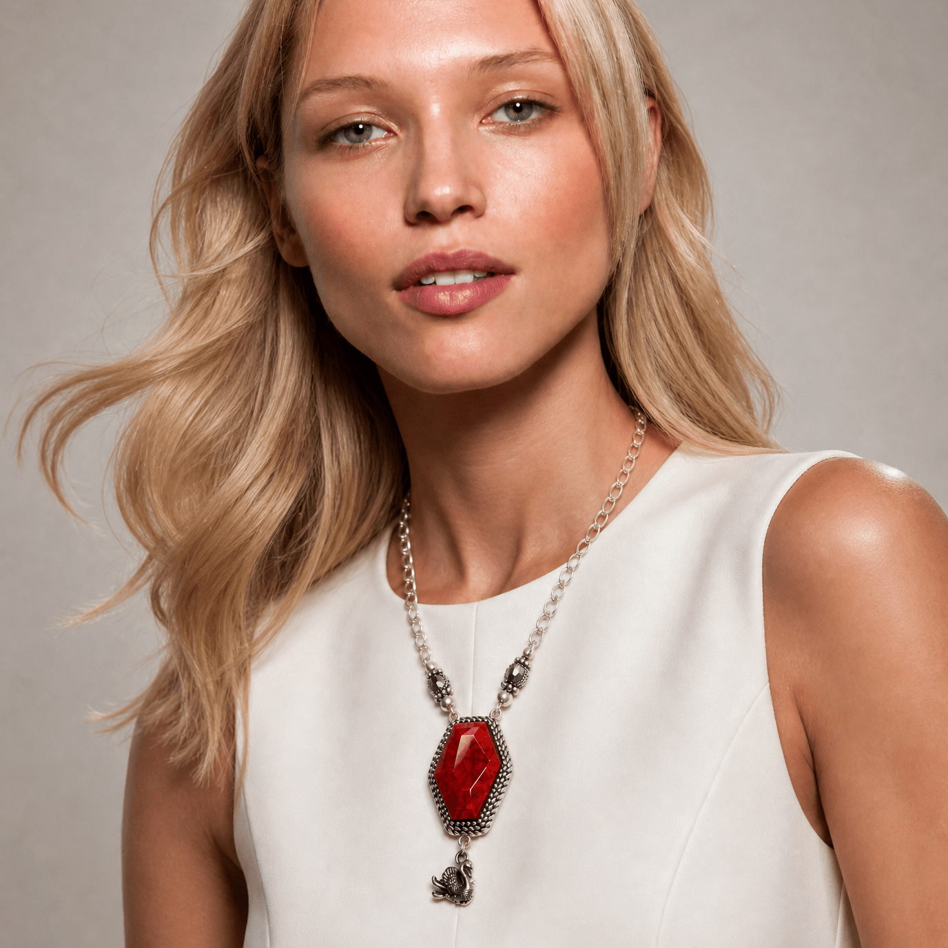 Vintage Sterling Silver and Red Resin Necklace - Necklace