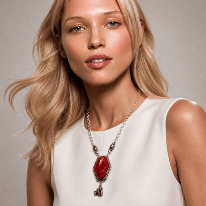 Vintage Sterling Silver and Red Resin Necklace - Necklace