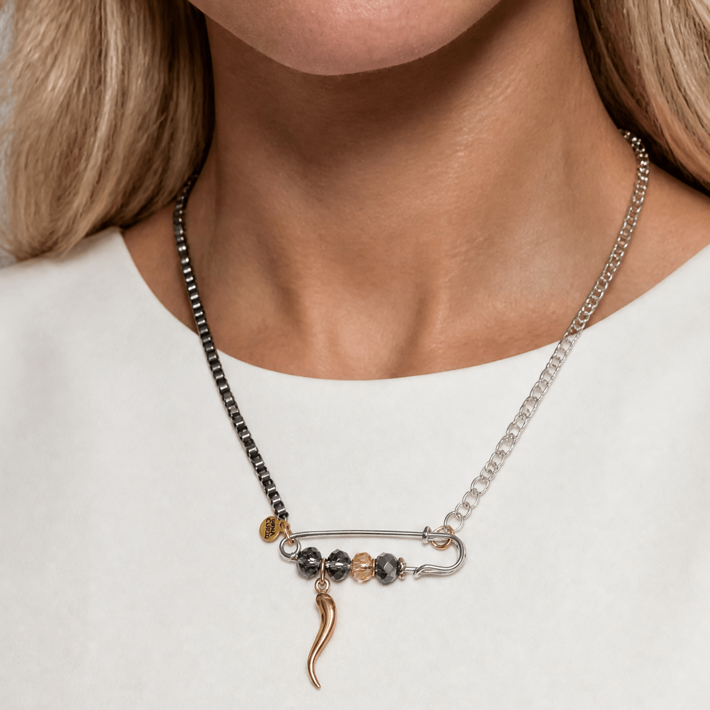 Vintage Sterling Silver Safety Pin Necklace - Necklace