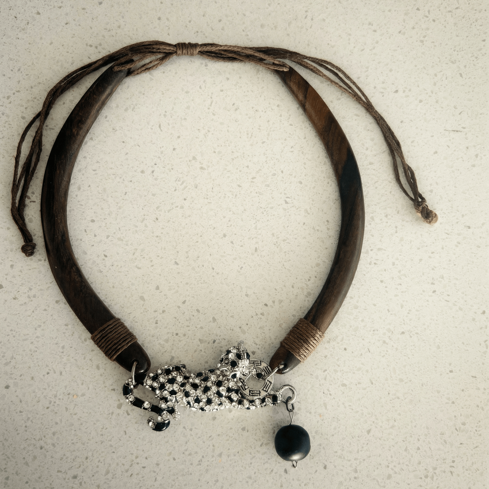 Vintage Wood and Big Cat Statement Necklace - Necklace
