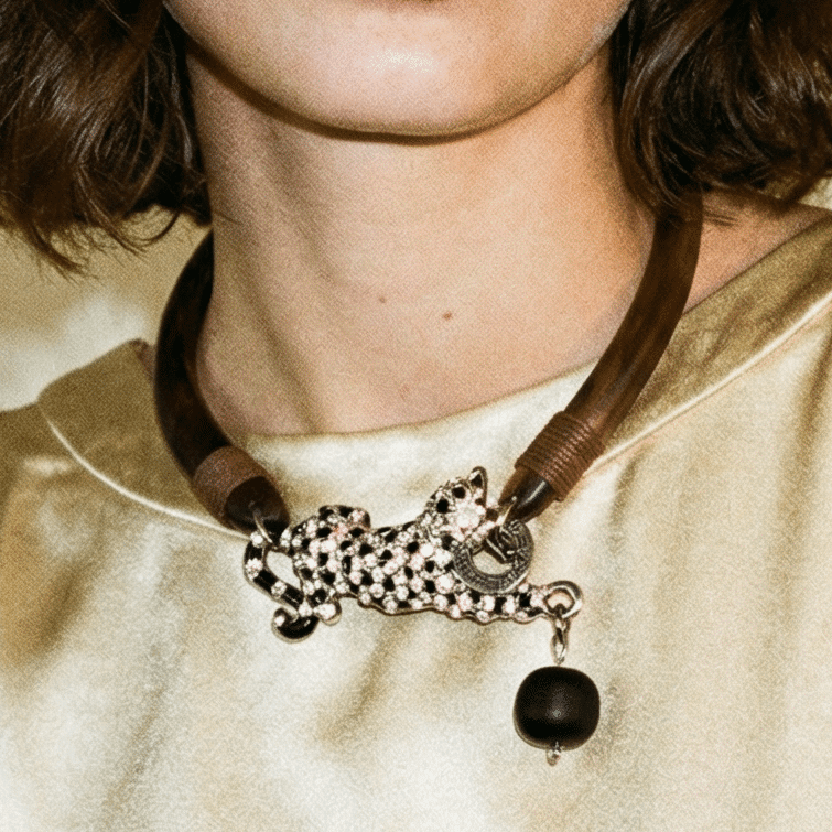 Vintage Wood and Big Cat Statement Necklace - Necklace