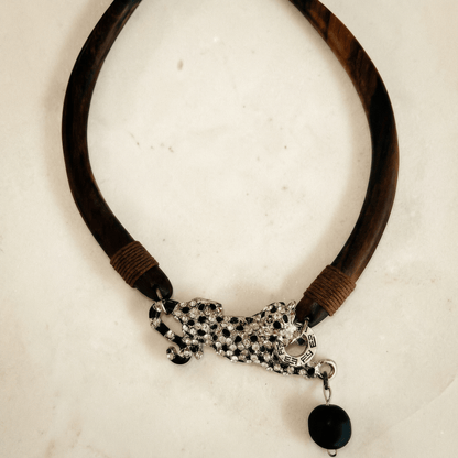 Vintage Wood and Big Cat Statement Necklace - Necklace