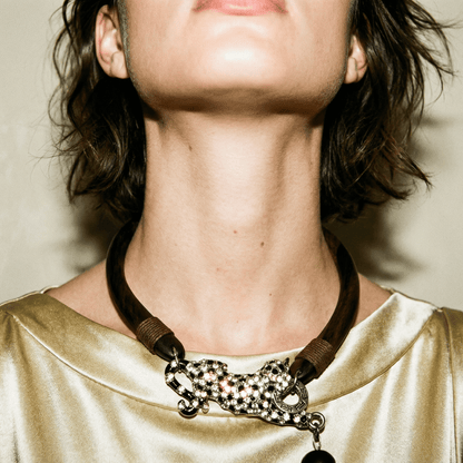 Vintage Wood and Big Cat Statement Necklace - Necklace