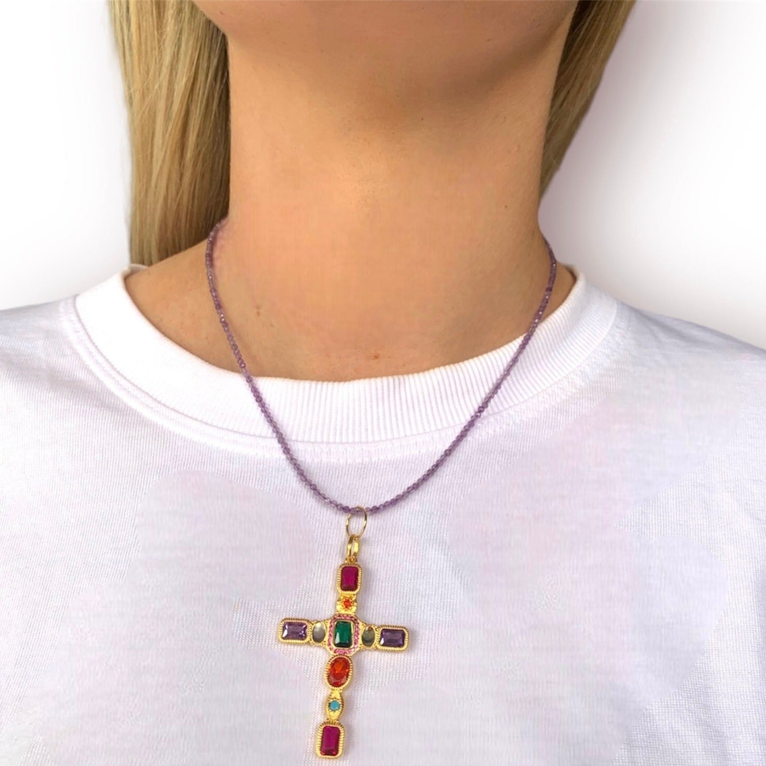 Alta Moda Gold Plated and Amethyst Cross Necklace-