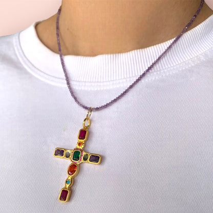 Alta Moda Gold Plated and Amethyst Cross Necklace-