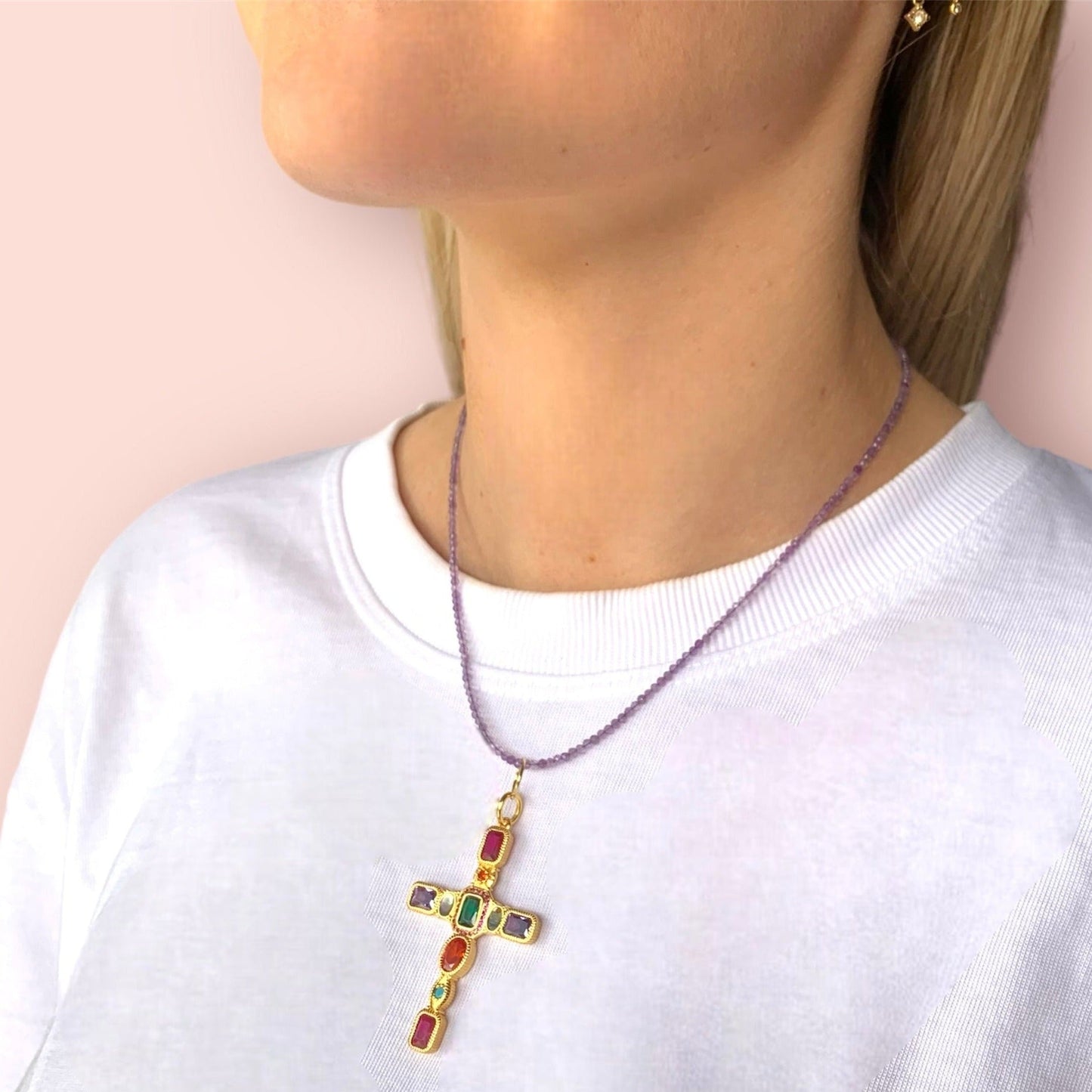 Alta Moda Gold Plated and Amethyst Cross Necklace-