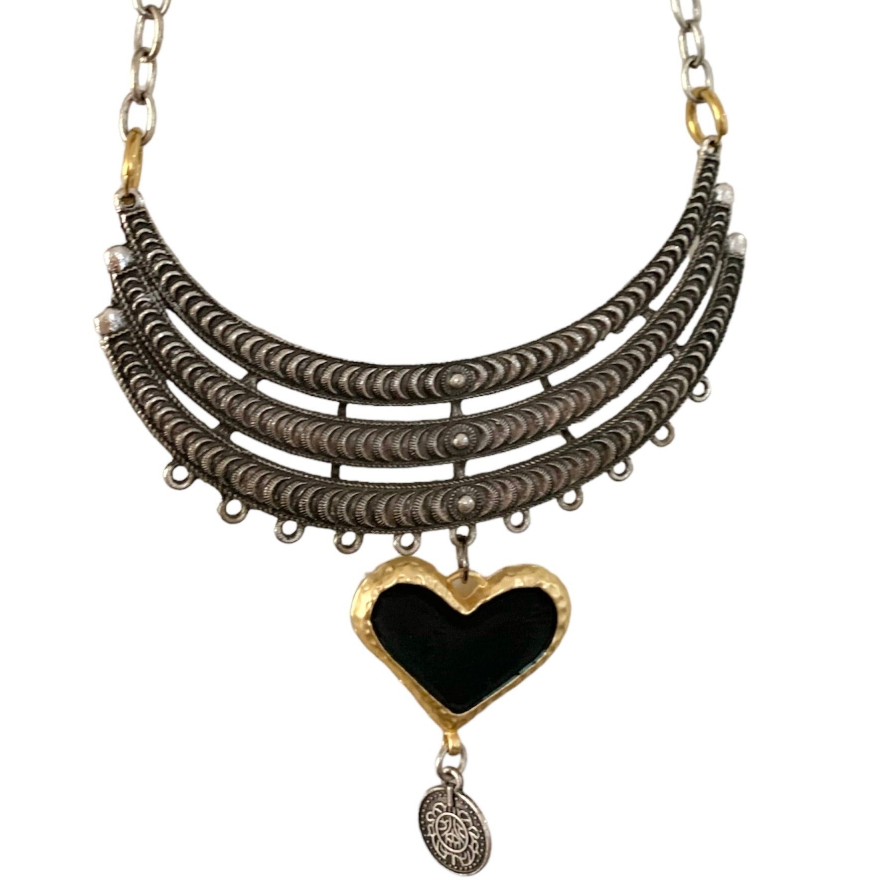 Bespoke 1 of 1 Gold Silver and Black Heart Necklace-