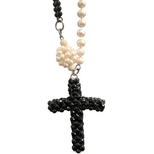 Bespoke Beaded Pearl and Onyx Cross Necklace-