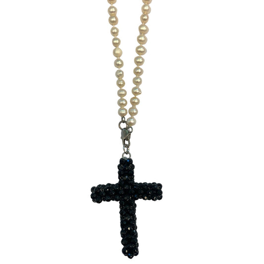 Bespoke Beaded Pearl and Onyx Cross Short Necklace-