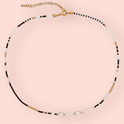 El Mariachi Beaded Black Gold and Pearl Necklace-