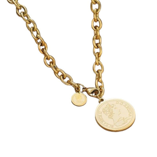 Queen 18k Gold Plated Chain and Coin Necklace-